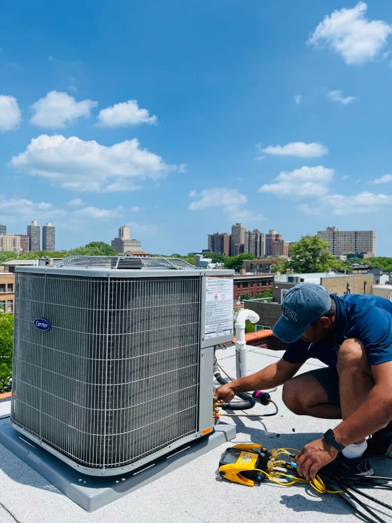 Technician performing AC servicing